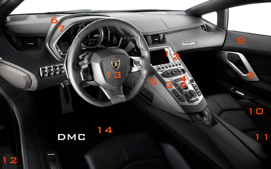 Kit autocollant intérieur en fibre de carbone DMC pour Lamborghini Aventador Coupé et Roadster d'origine : tableau de bord, console centrale, garnitures de portes et plus encore - KDMPARTS EUROPE TUNING STORE